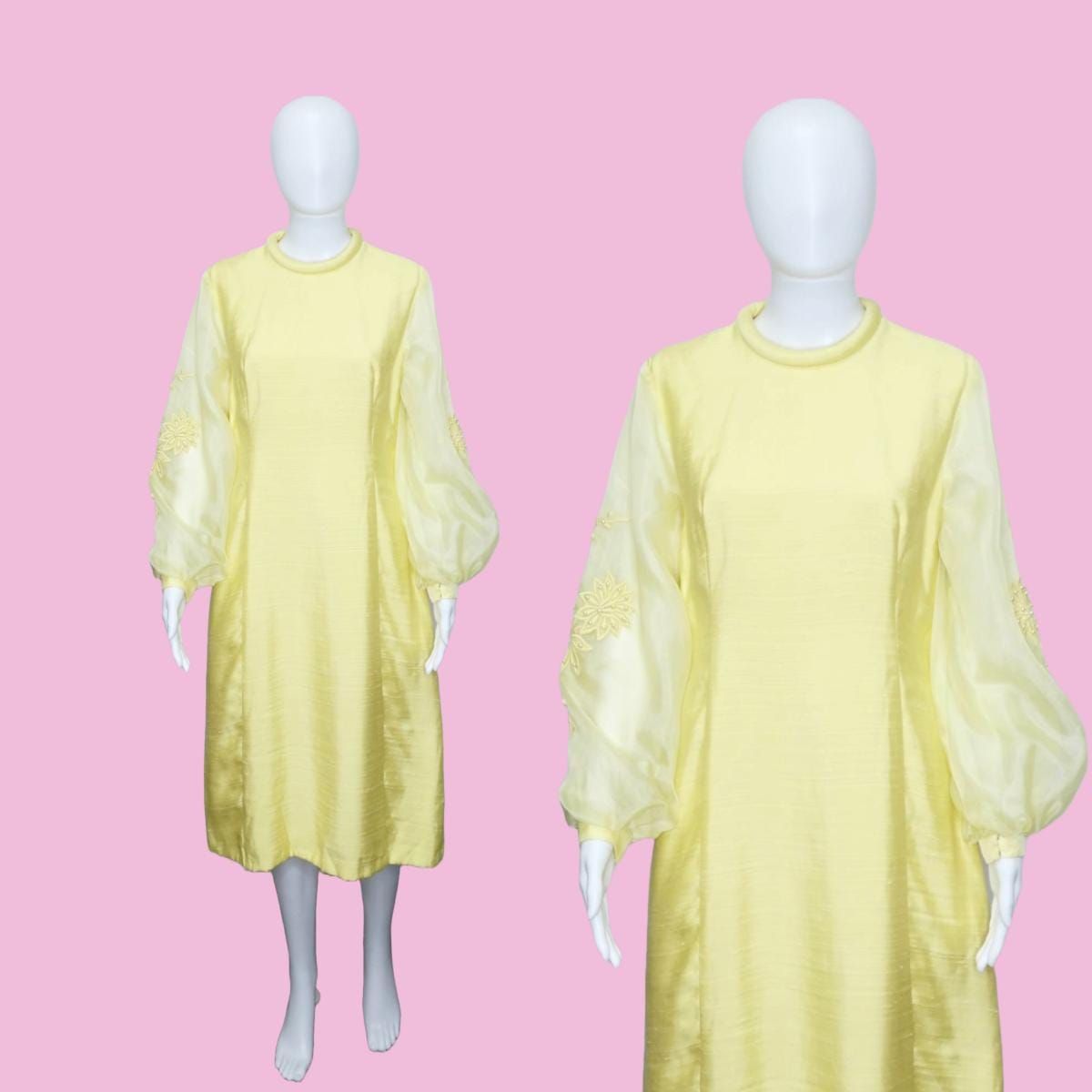 1960s-1970s Sylvia Ann High Neck Dress W/Voluminous Semi Sheer Sleeves. Medium